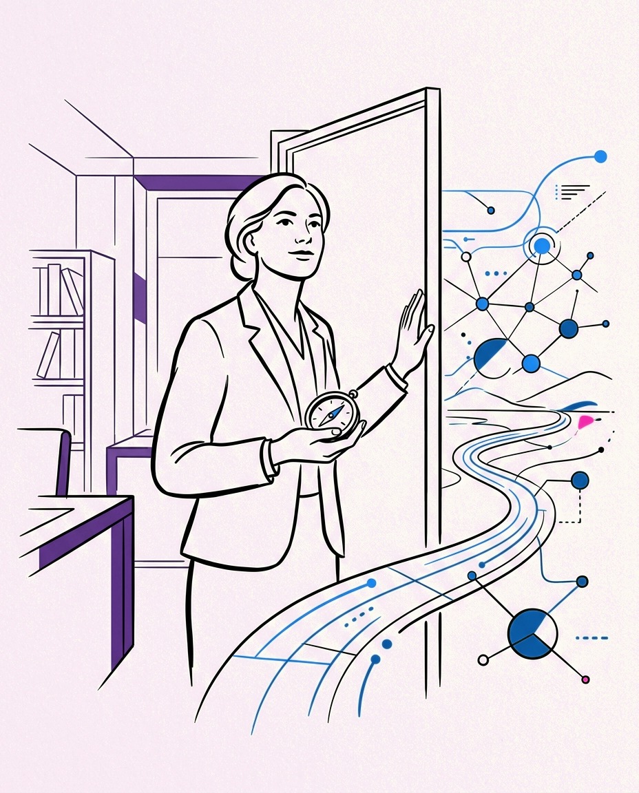 A professional stepping from a traditional office path onto a new path shaped by human judgment and artificial intelligence