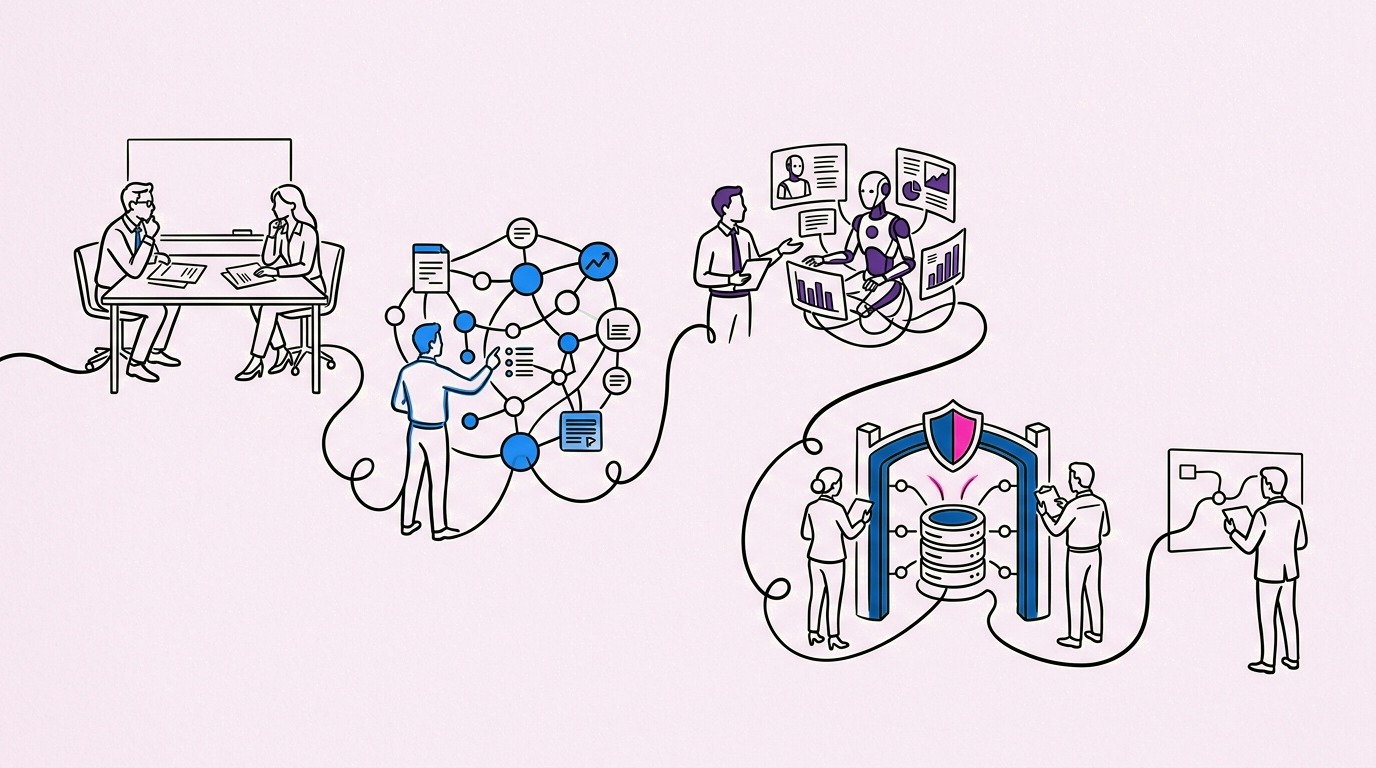 A continuous line moving through mapping, workflow redesign, agent coordination, and a protective checkpoint