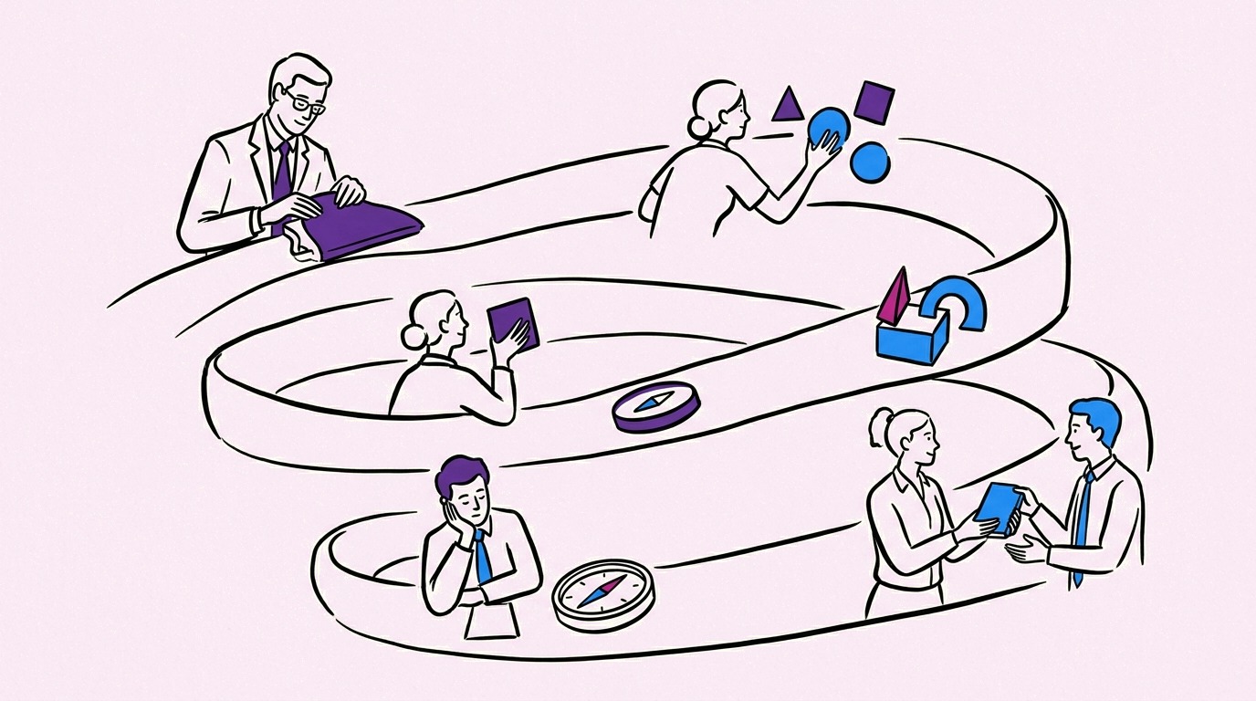 Three connected scenes showing mastery through a completed project, safe experimentation, and learning with peers