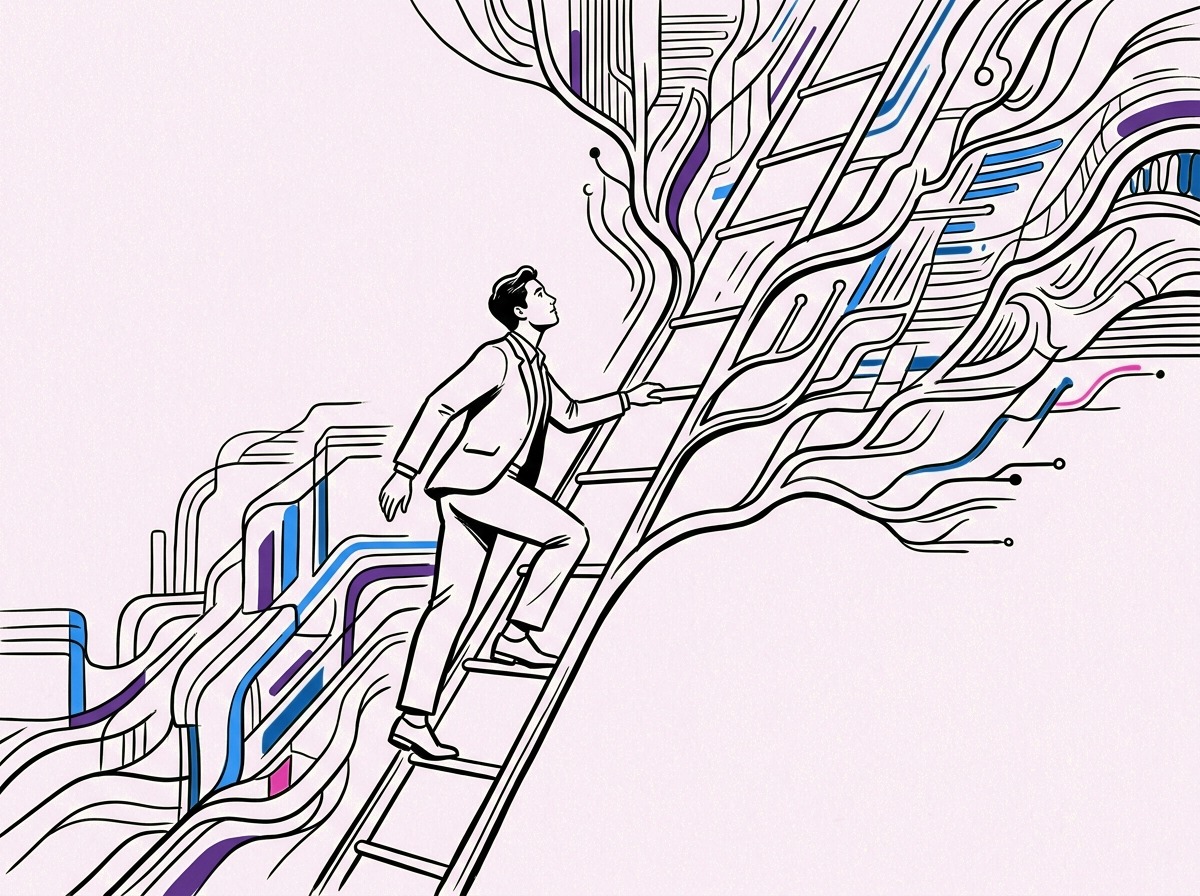 A professional climbing a ladder while the level of the work rises around them